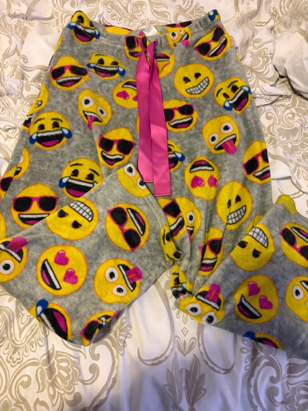 Kids Gray Emoji Fleece Pajama Pants with Pink Drawstring